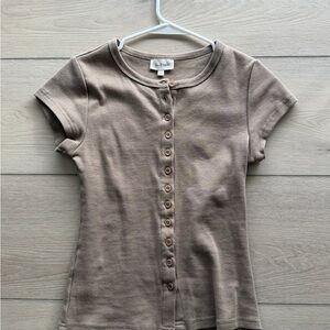 bohme Short Sleeve Button-Front Tee in Taupe